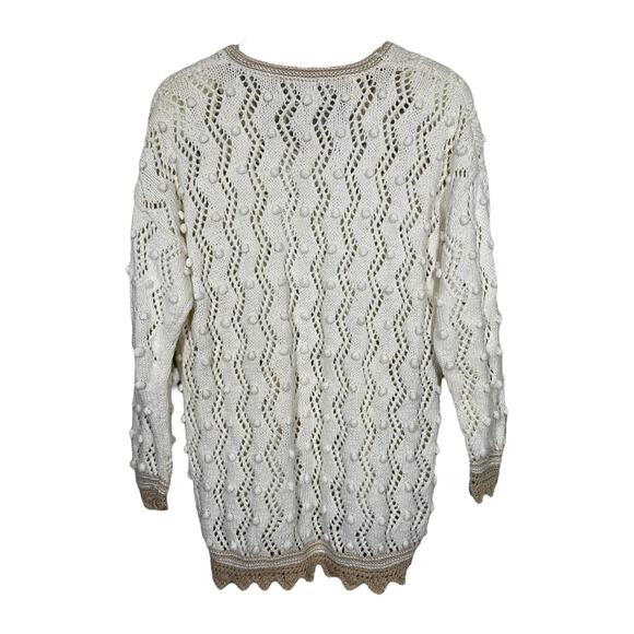 Vintage 90s Express Tricot Sweater Medium Cream Open Knit Crochet Pom Cottage - Picture 2 of 5